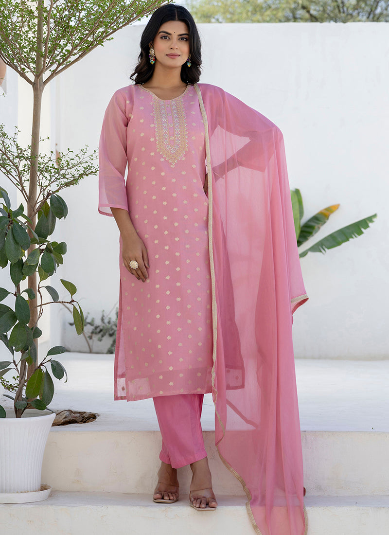 Vellora Chanderi Silk Pink Casual Wear Embroidery Work Readymade Salwar Suit