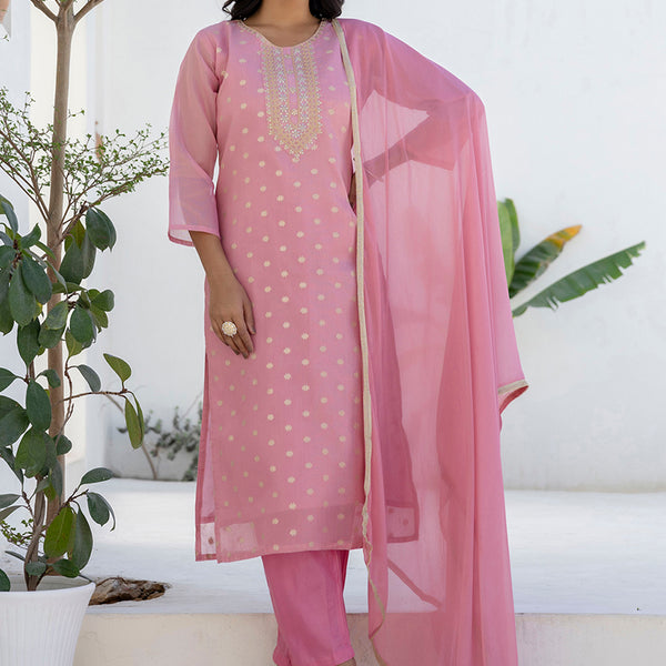 Vellora Chanderi Silk Pink Casual Wear Embroidery Work Readymade Salwar Suit