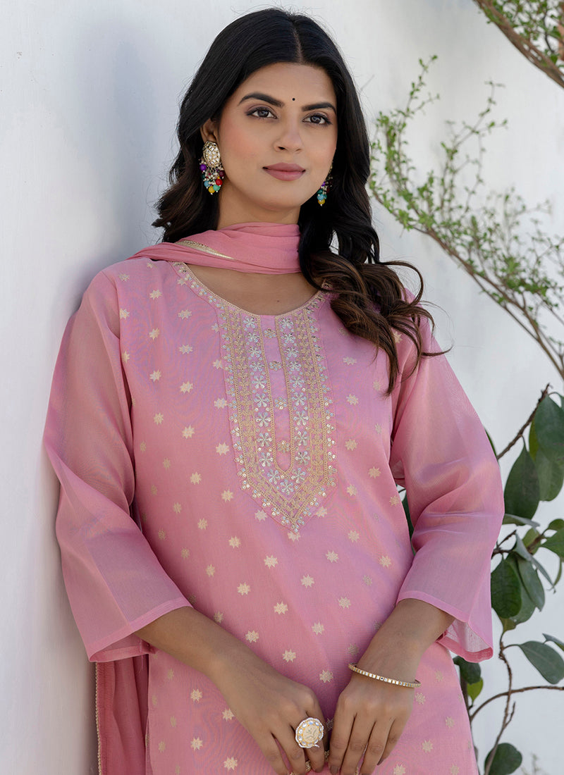 Vellora Chanderi Silk Pink Casual Wear Embroidery Work Readymade Salwar Suit