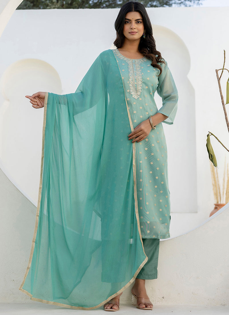 Vellora Chanderi Silk Sea Green Casual Wear Embroidery Work Readymade Salwar Suit