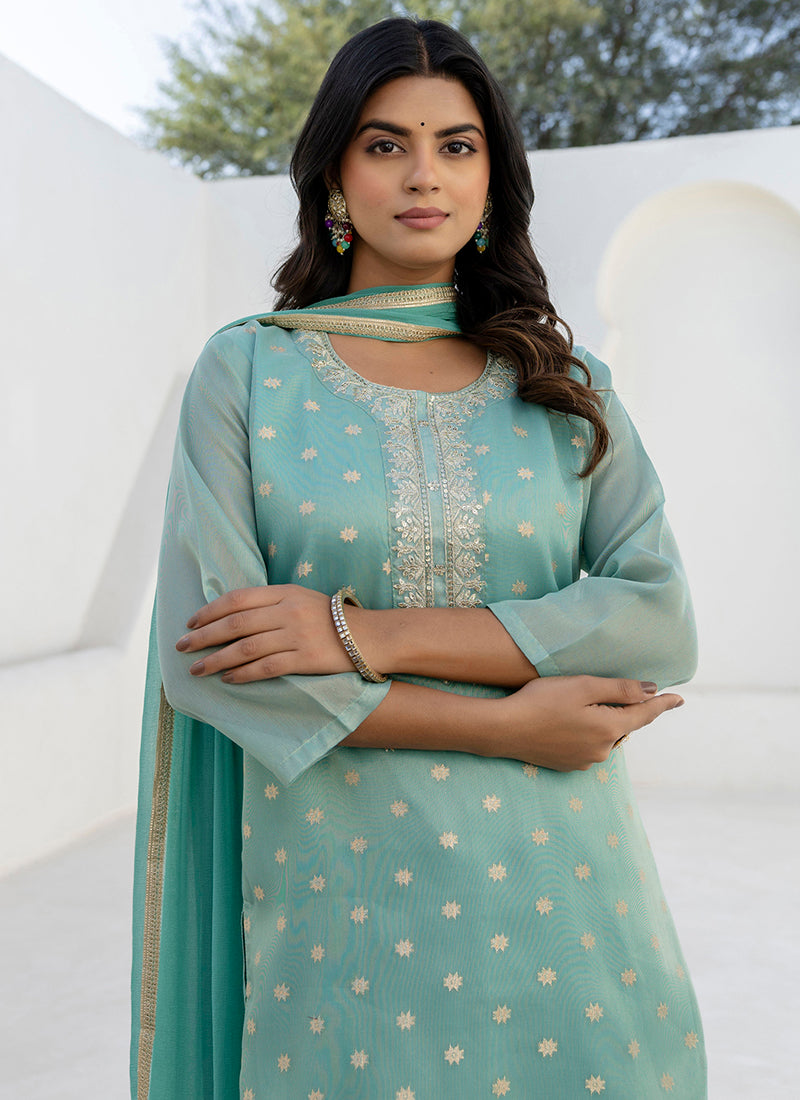Vellora Chanderi Silk Sea Green Casual Wear Embroidery Work Readymade Salwar Suit
