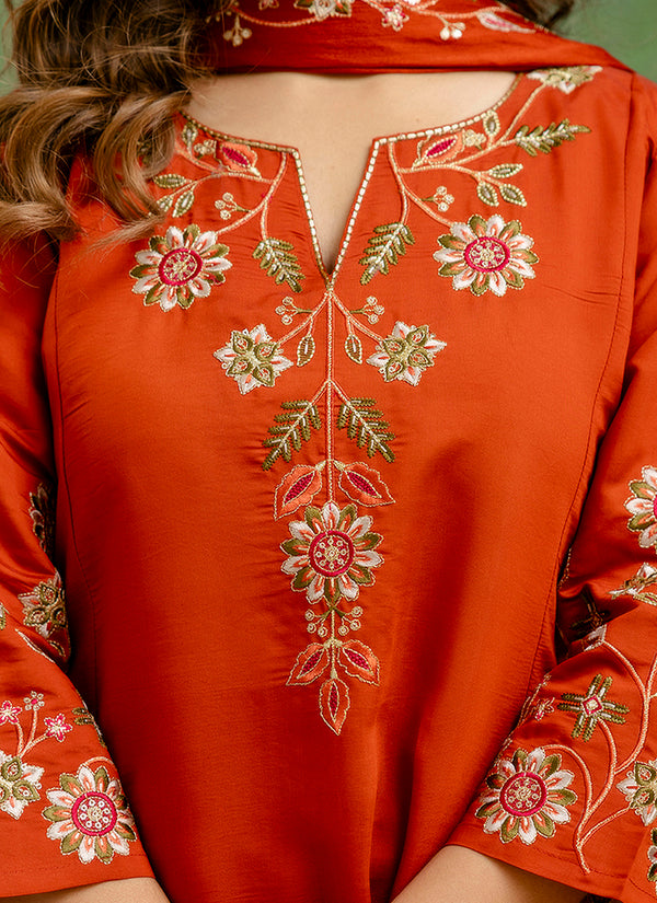 Vellora Silk Blend Rust Orange Party Wear Embroidery Work Readymade Salwar Suit