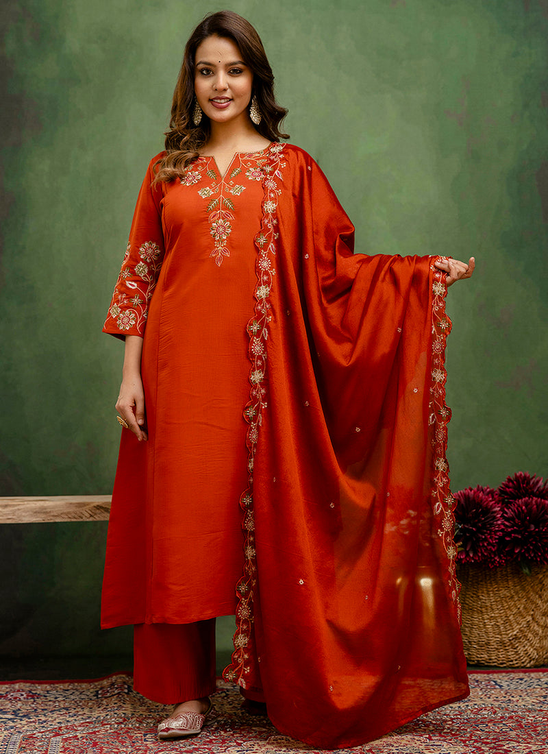 Vellora Silk Blend Rust Orange Party Wear Embroidery Work Readymade Salwar Suit