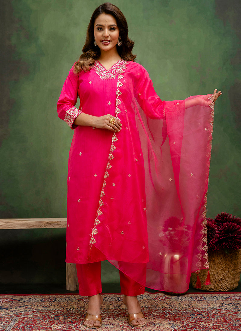 Vellora Silk Blend Rani Pink Casual Wear Embroidery Work Readymade Salwar Suit