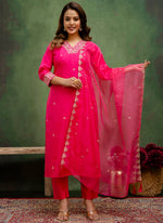 Thumbnail for Vellora Silk Blend Rani Pink Casual Wear Embroidery Work Readymade Salwar Suit