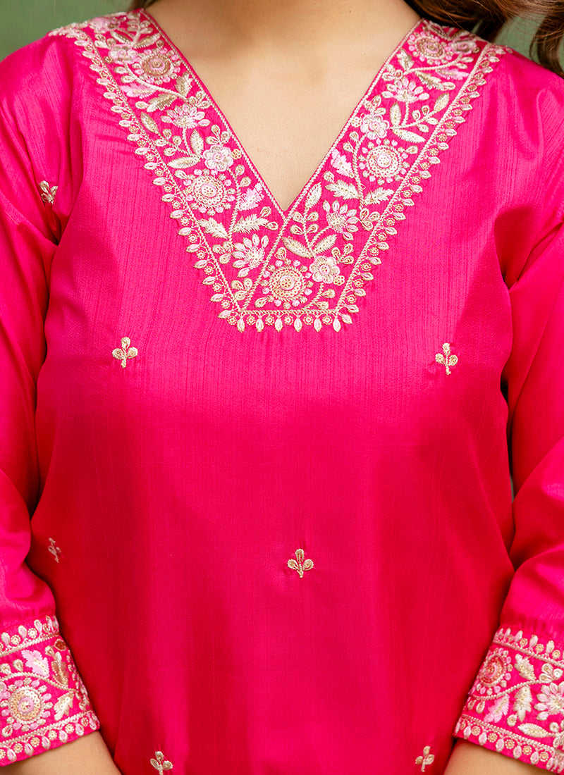 Vellora Silk Blend Rani Pink Casual Wear Embroidery Work Readymade Salwar Suit