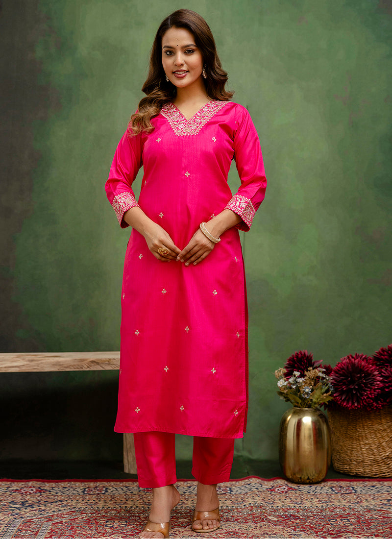 Vellora Silk Blend Rani Pink Casual Wear Embroidery Work Readymade Salwar Suit
