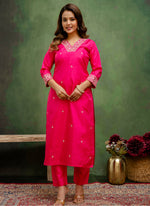 Thumbnail for Vellora Silk Blend Rani Pink Casual Wear Embroidery Work Readymade Salwar Suit