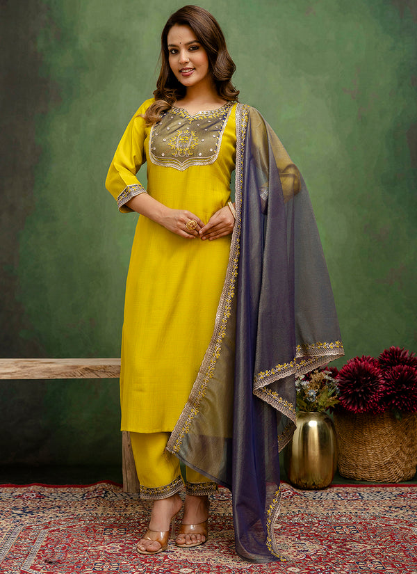 Vellora Silk Blend Lime Green Casual Wear Embroidery Work Readymade Salwar Suit
