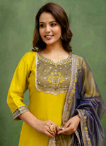 Thumbnail for Vellora Silk Blend Lime Green Casual Wear Embroidery Work Readymade Salwar Suit