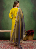 Thumbnail for Vellora Silk Blend Lime Green Casual Wear Embroidery Work Readymade Salwar Suit