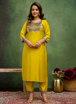 Thumbnail for Vellora Silk Blend Lime Green Casual Wear Embroidery Work Readymade Salwar Suit