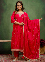 Thumbnail for Vellora Silk Blend Rani Pink Casual Wear Embroidery Work Readymade Salwar Suit