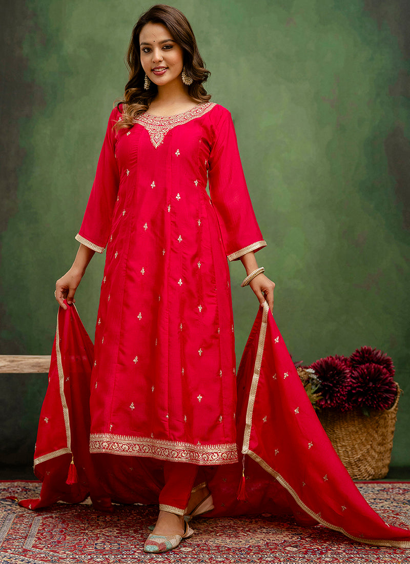 Vellora Silk Blend Rani Pink Casual Wear Embroidery Work Readymade Salwar Suit