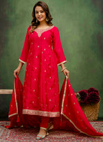Thumbnail for Vellora Silk Blend Rani Pink Casual Wear Embroidery Work Readymade Salwar Suit