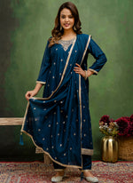 Thumbnail for Vellora Silk Blend Navy Blue Casual Wear Embroidery Work Readymade Salwar Suit