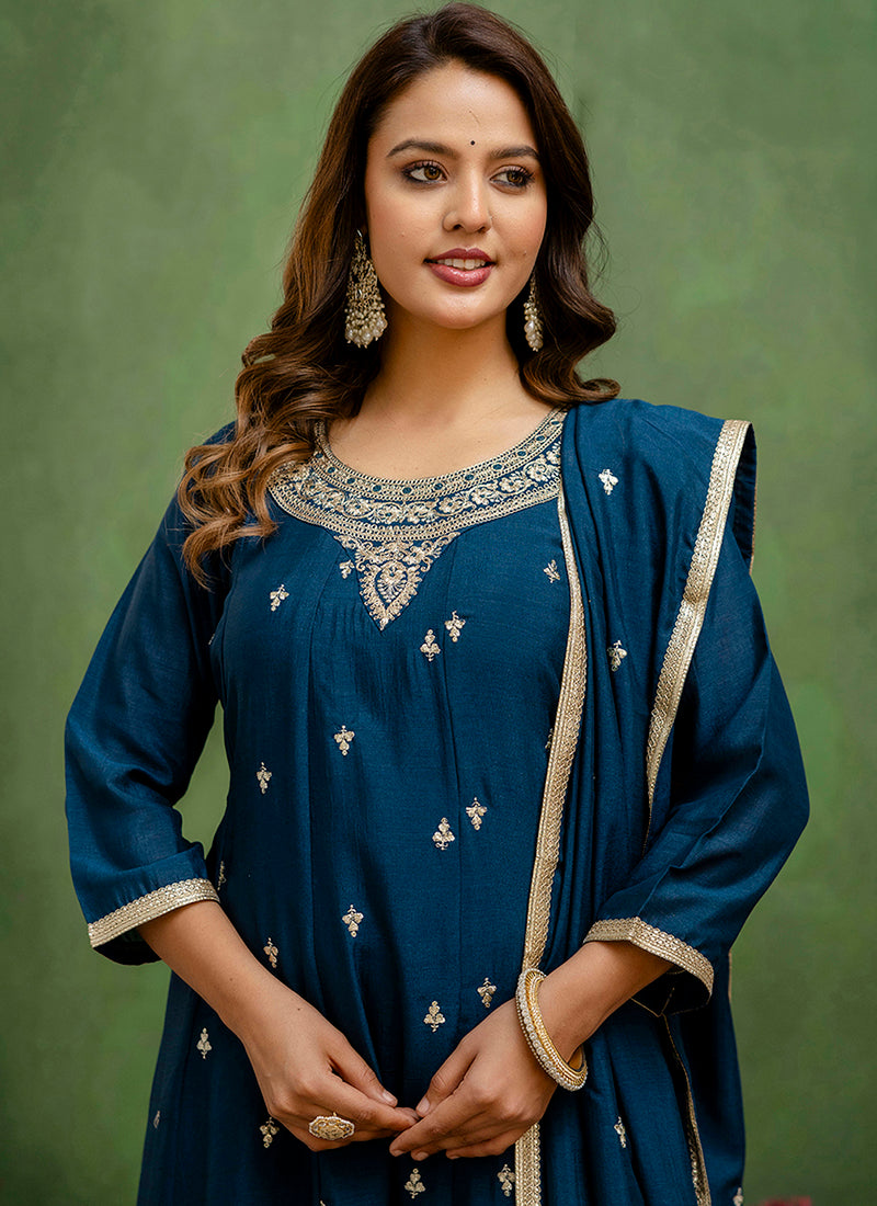Vellora Silk Blend Navy Blue Casual Wear Embroidery Work Readymade Salwar Suit