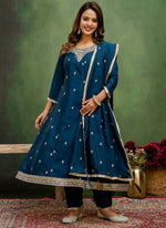 Thumbnail for Vellora Silk Blend Navy Blue Casual Wear Embroidery Work Readymade Salwar Suit