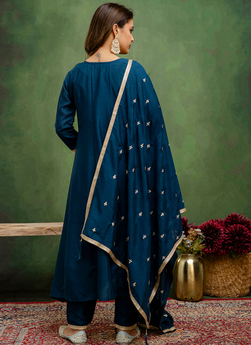 Vellora Silk Blend Navy Blue Casual Wear Embroidery Work Readymade Salwar Suit