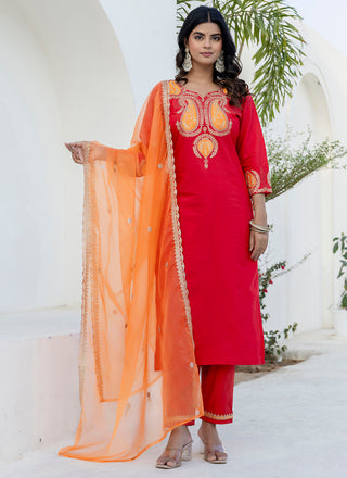 Vellora Viscose Rayon Red Casual Wear Embroidery Work Readymade Salwar Suit