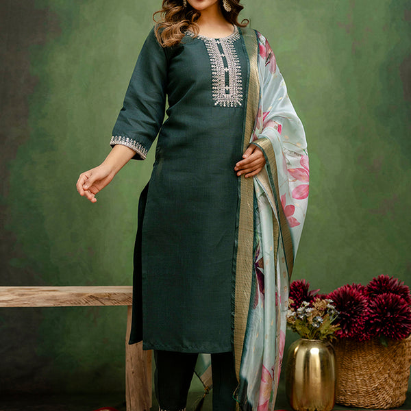 Vellora Cotton Blend Dark Green Casual Wear Embroidery Work Readymade Salwar Suit
