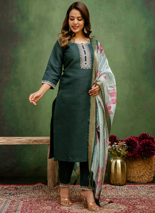 Vellora Cotton Blend Dark Green Casual Wear Embroidery Work Readymade Salwar Suit