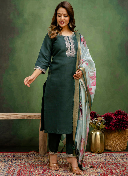 Vellora Cotton Blend Dark Green Casual Wear Embroidery Work Readymade Salwar Suit