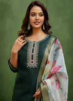 Thumbnail for Vellora Cotton Blend Dark Green Casual Wear Embroidery Work Readymade Salwar Suit