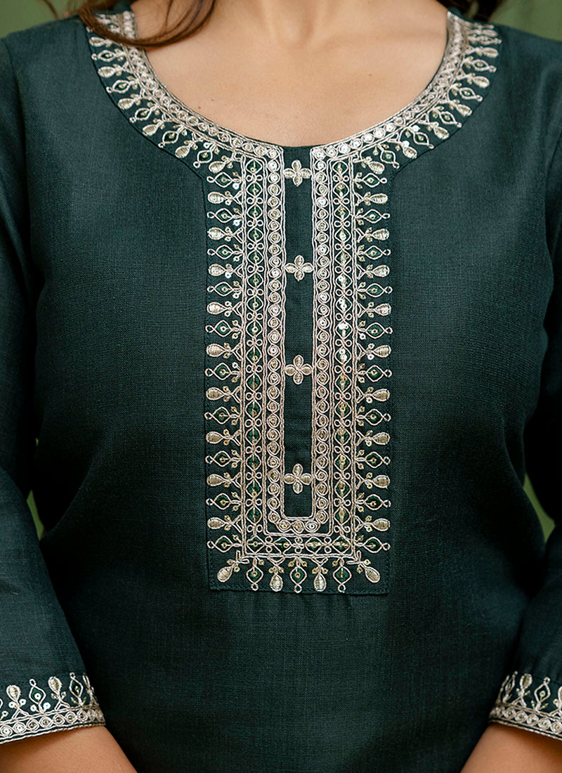 Vellora Cotton Blend Dark Green Casual Wear Embroidery Work Readymade Salwar Suit