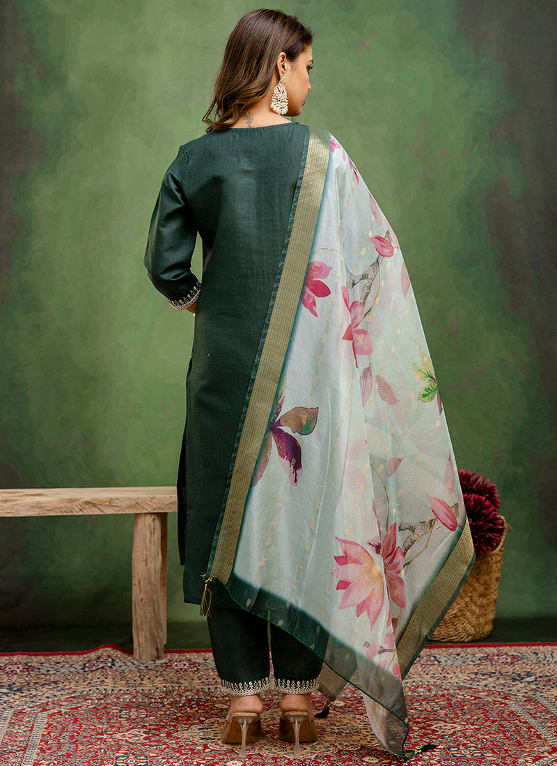 Vellora Cotton Blend Dark Green Casual Wear Embroidery Work Readymade Salwar Suit