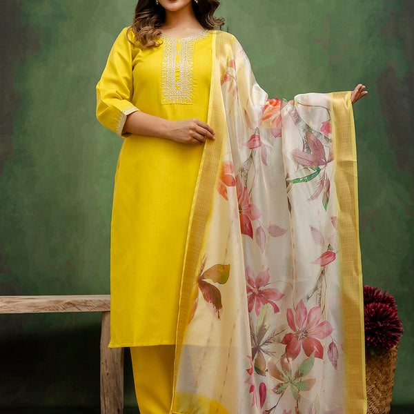 Vellora Cotton Blend Lime Green Casual Wear Embroidery Work Readymade Salwar Suit