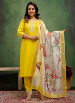 Thumbnail for Vellora Cotton Blend Lime Green Casual Wear Embroidery Work Readymade Salwar Suit