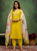 Thumbnail for Vellora Cotton Blend Lime Green Casual Wear Embroidery Work Readymade Salwar Suit