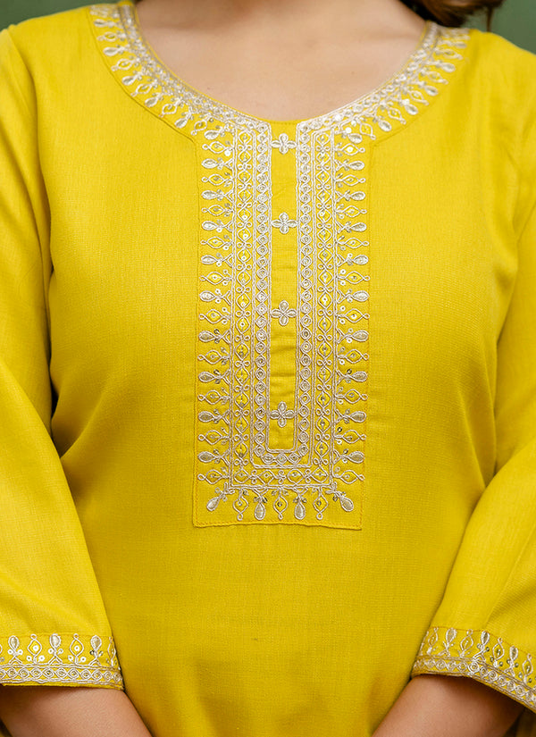Vellora Cotton Blend Lime Green Casual Wear Embroidery Work Readymade Salwar Suit