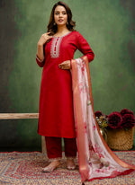 Thumbnail for Vellora Cotton Blend Red Casual Wear Embroidery Work Readymade Salwar Suit