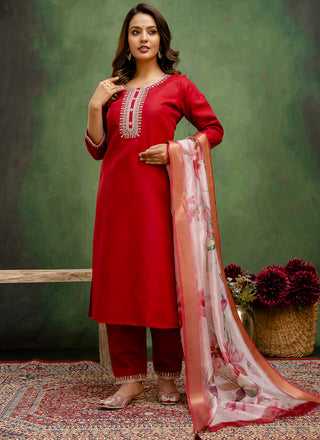 Vellora Cotton Blend Red Casual Wear Embroidery Work Readymade Salwar Suit
