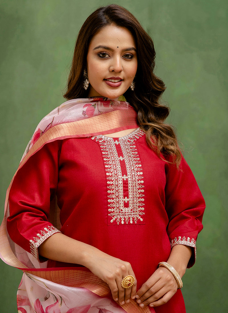 Vellora Cotton Blend Red Casual Wear Embroidery Work Readymade Salwar Suit