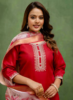 Thumbnail for Vellora Cotton Blend Red Casual Wear Embroidery Work Readymade Salwar Suit