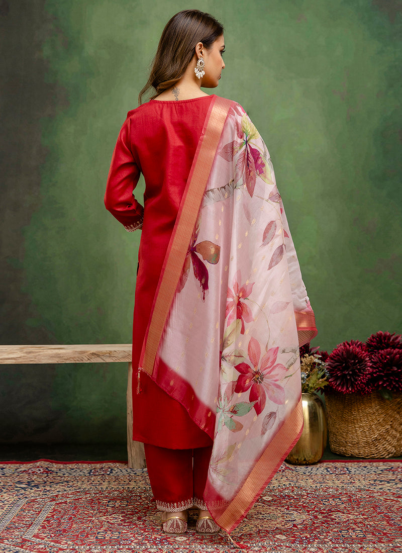 Vellora Cotton Blend Red Casual Wear Embroidery Work Readymade Salwar Suit