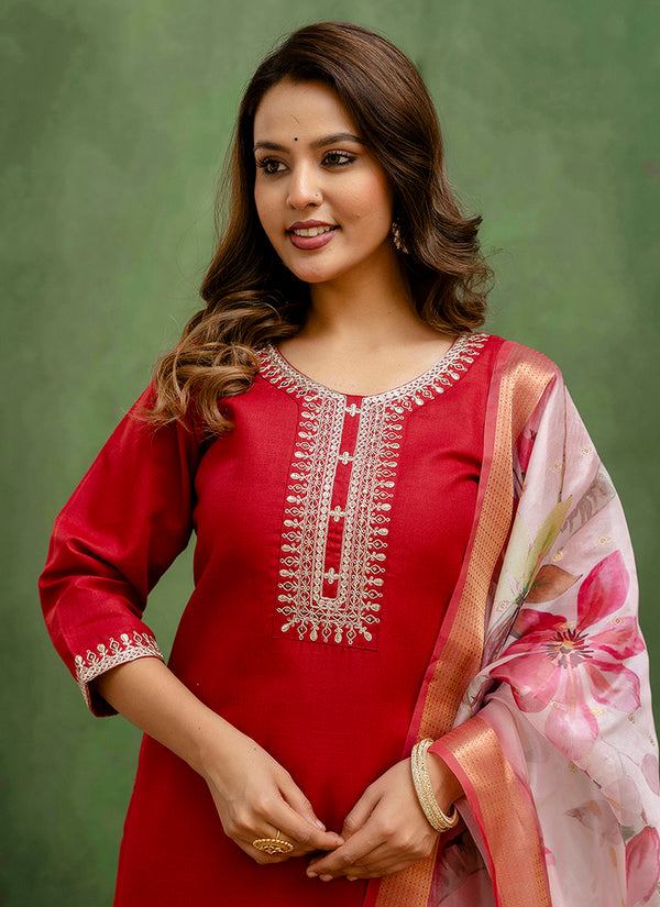Vellora Cotton Blend Red Casual Wear Embroidery Work Readymade Salwar Suit