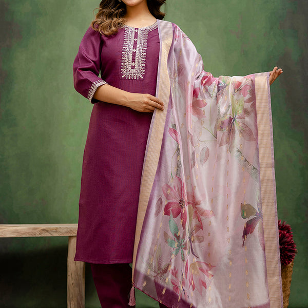 Vellora Cotton Blend Wine Casual Wear Embroidery Work Readymade Salwar Suit - Distacart