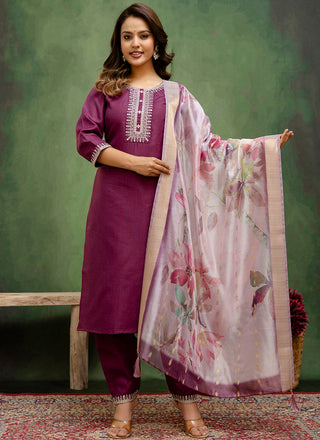 Vellora Cotton Blend Wine Casual Wear Embroidery Work Readymade Salwar Suit