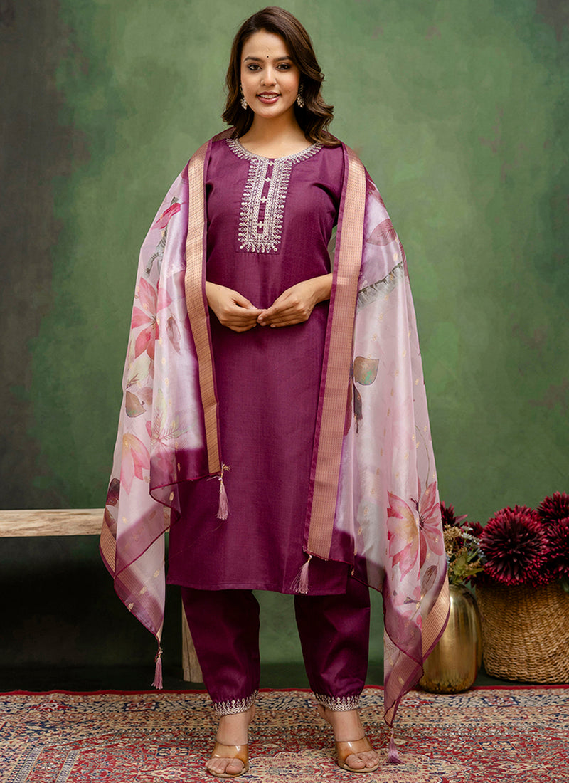 Vellora Cotton Blend Wine Casual Wear Embroidery Work Readymade Salwar Suit