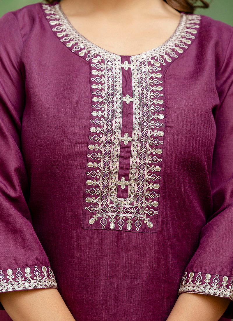 Vellora Cotton Blend Wine Casual Wear Embroidery Work Readymade Salwar Suit