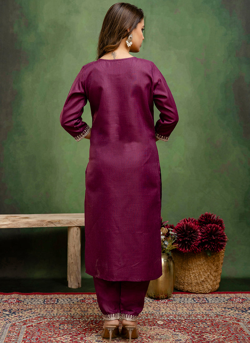 Vellora Cotton Blend Wine Casual Wear Embroidery Work Readymade Salwar Suit