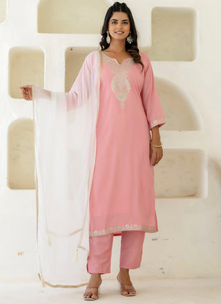 Vellora Silk Blend Pink Casual Wear Embroidery Work Readymade Salwar Suit
