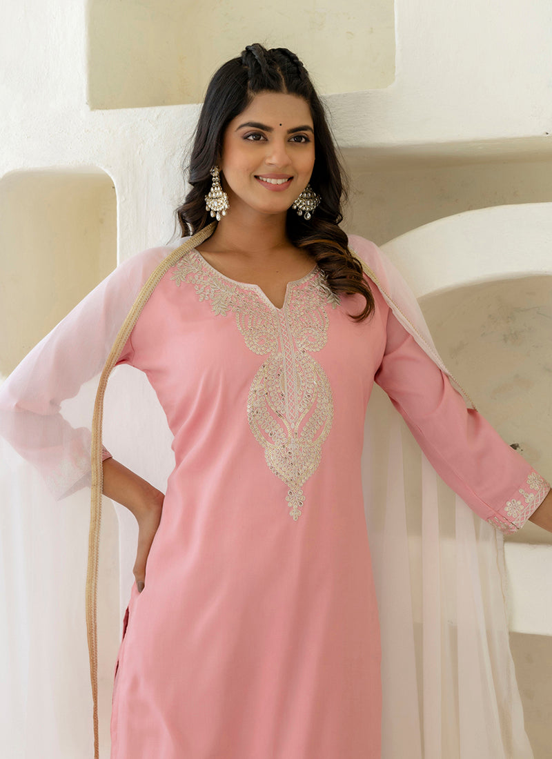 Vellora Silk Blend Pink Casual Wear Embroidery Work Readymade Salwar Suit