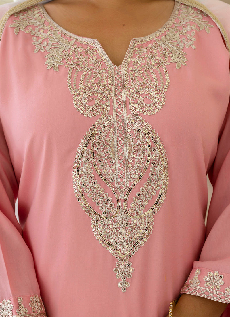 Vellora Silk Blend Pink Casual Wear Embroidery Work Readymade Salwar Suit