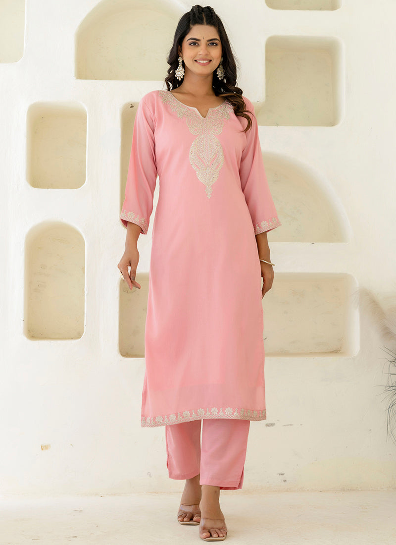 Vellora Silk Blend Pink Casual Wear Embroidery Work Readymade Salwar Suit