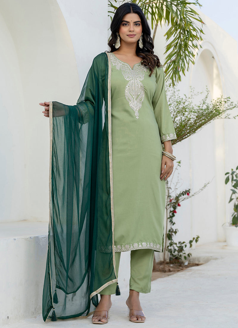 Vellora Silk Blend Pista Casual Wear Embroidery Work Readymade Salwar Suit